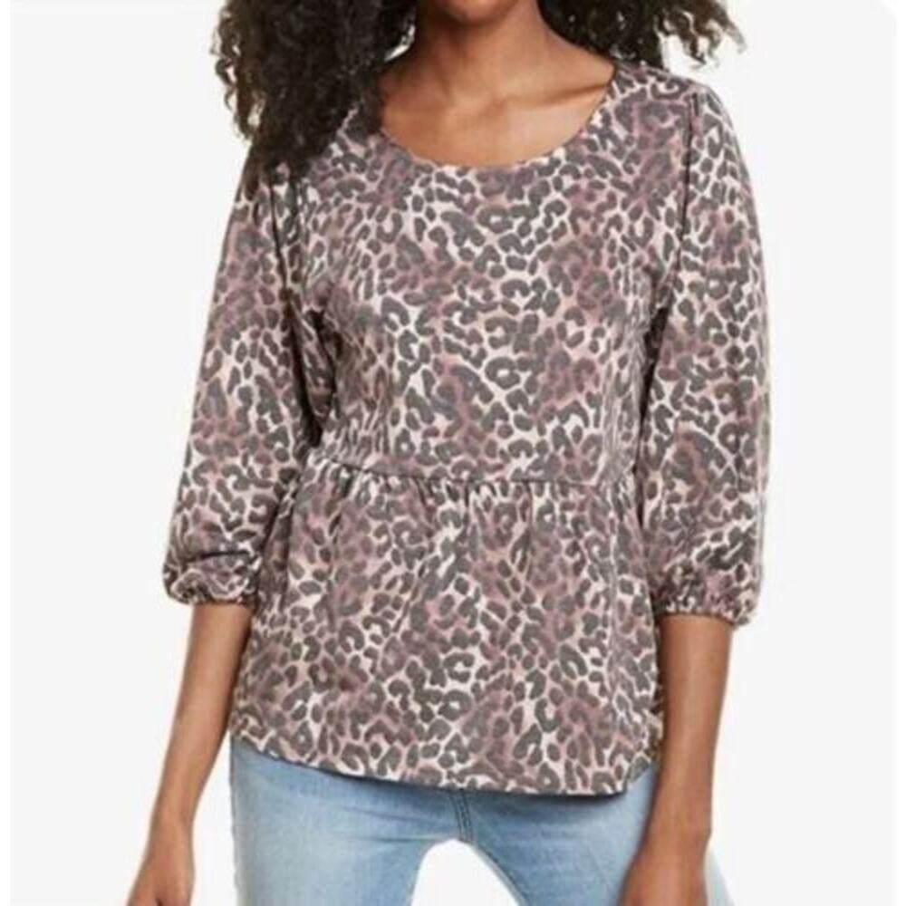 Bobeau Women's 3/4 Sleeve Babydoll Top in Brown Animal‎ Medium MSRP $58